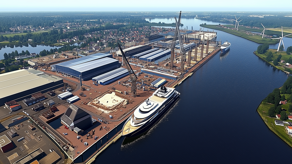 ICON Yachts: Pioneers of Sustainable Yachting reveal their Harlingen shipyard, featuring a yacht under construction and a green vessel departing.